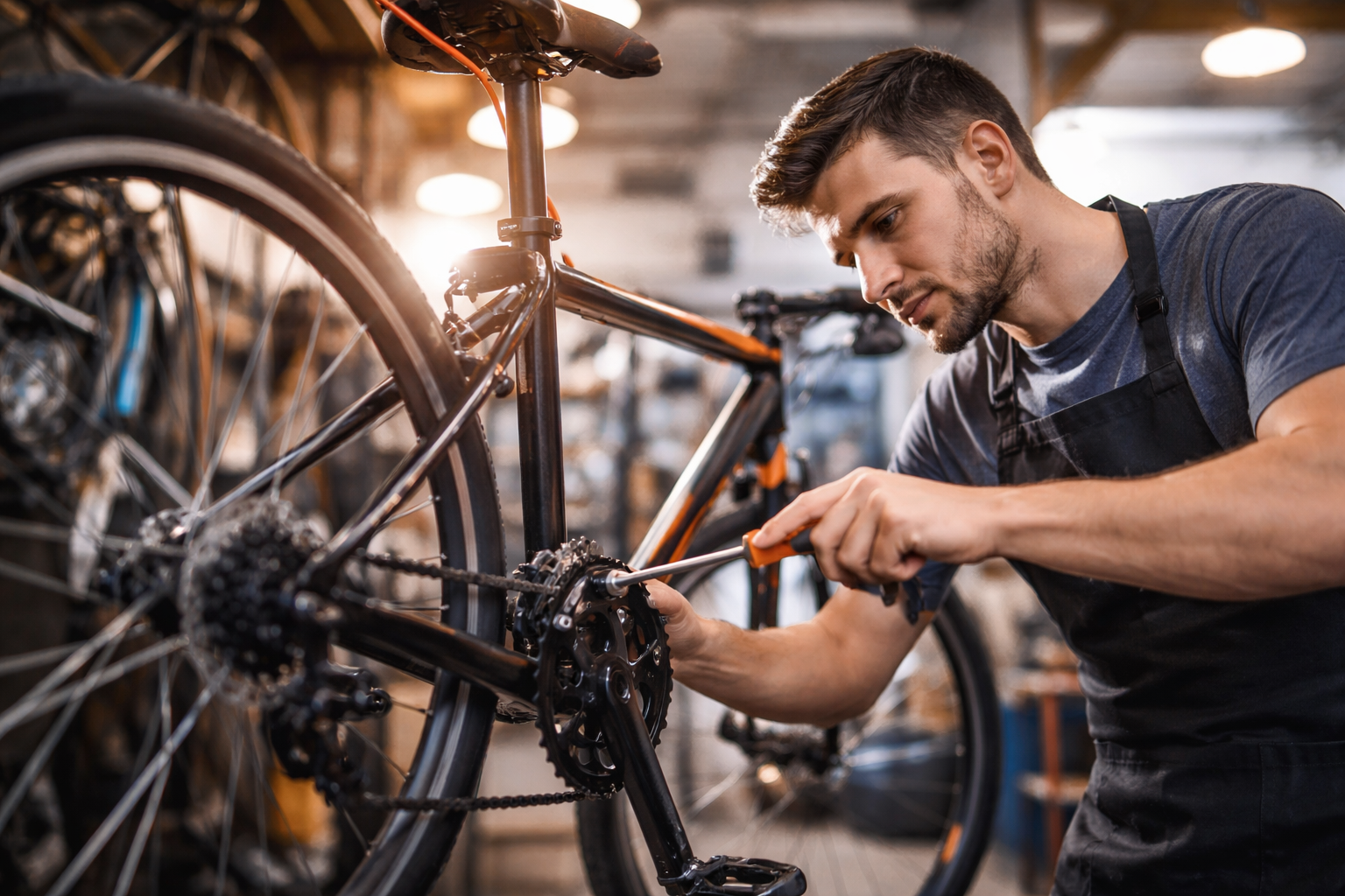 Mobile bike mechanic working on a bicycle